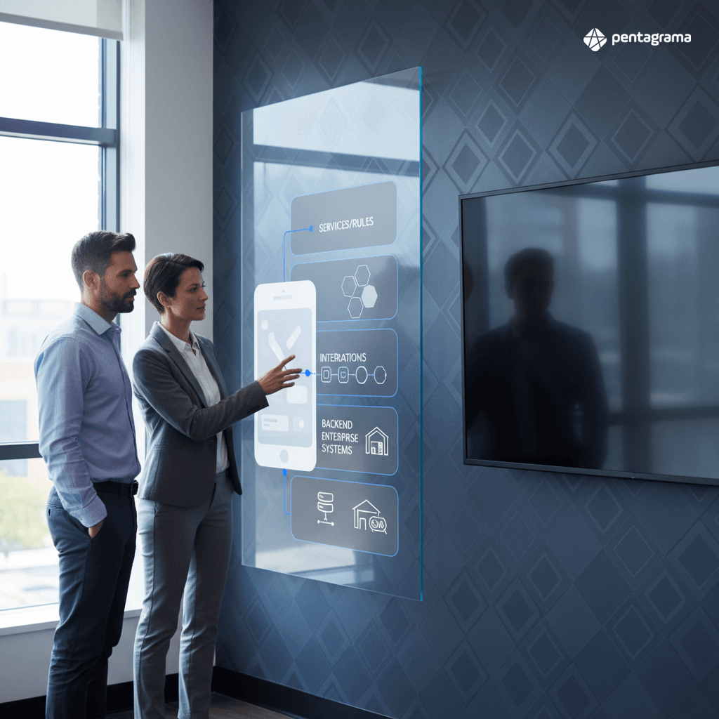 Diagrama de camadas: interface, regras de negócio, integrações e dados mestres em low-code/no-code