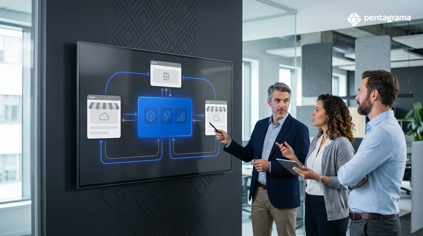 Diagrama de arquitetura: ERP como fonte da verdade e marketplaces como canais, com eventos e filas