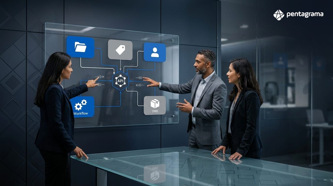 Diagrama de referência: API gateway, eventos e iPaaS em composable commerce B2B